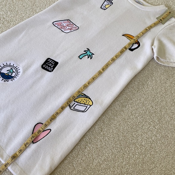 Zara Trafaluc White Short Sleeve Boxy T-Shirt Mini Dress w embroidered patches - Picture 9 of 11
